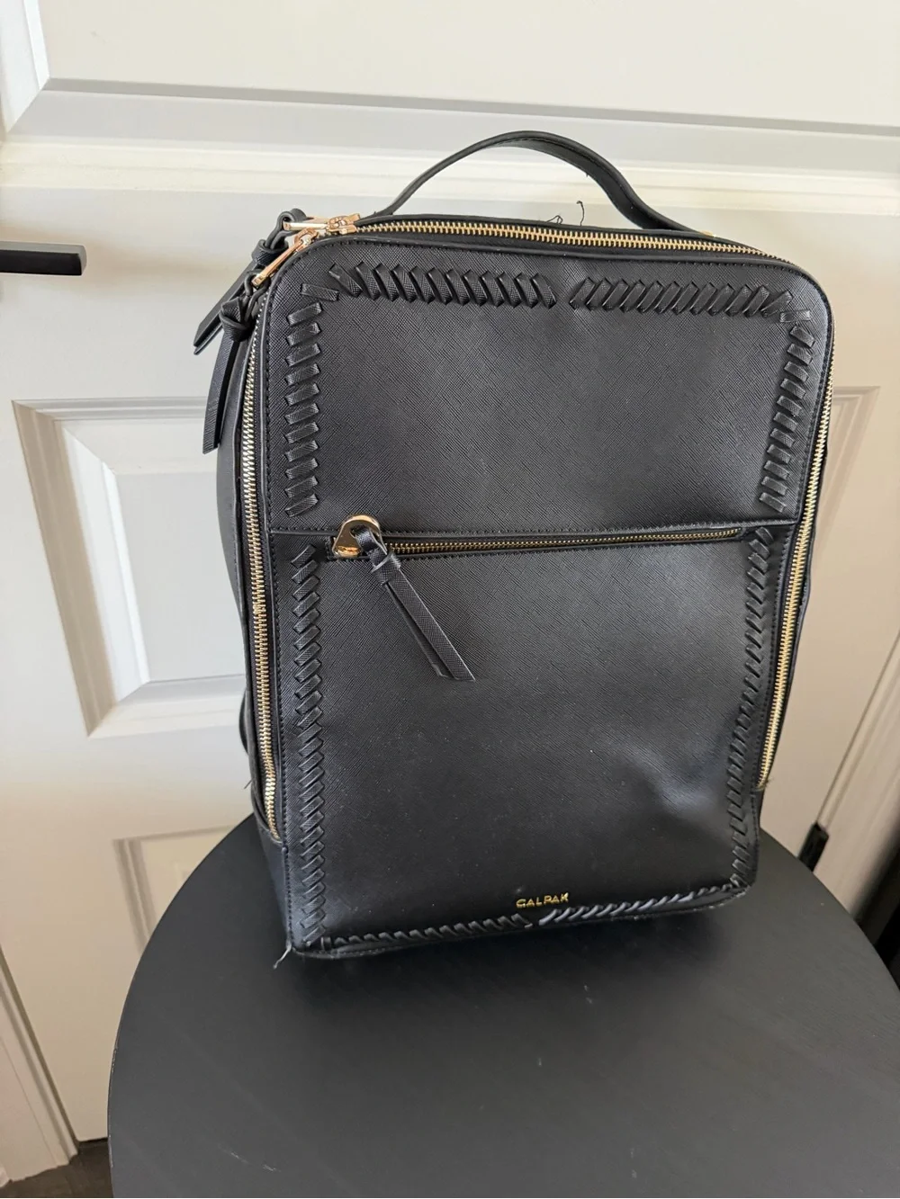 Calpak Black Leather Square Zip-Front Men's Backpack